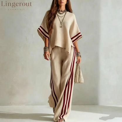Striped Linen-Blend Two-Piece Set - Khaki / S