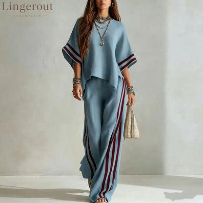 Striped Linen-Blend Two-Piece Set - Peacock blue / S