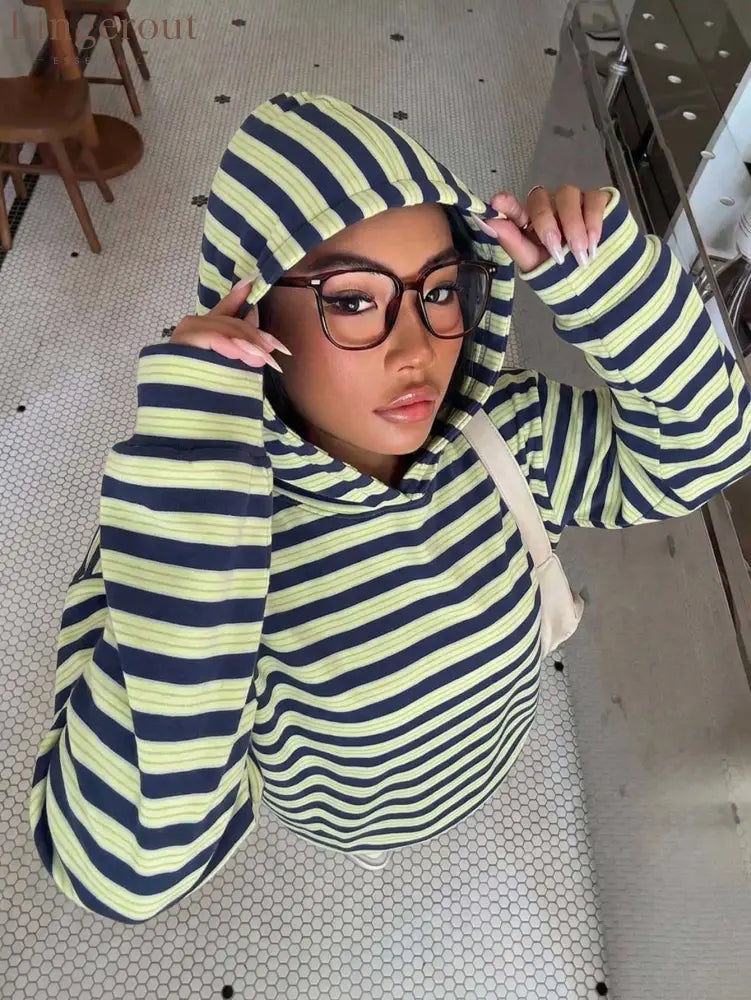 Striped Oversized Hoodie - Green And Black / S