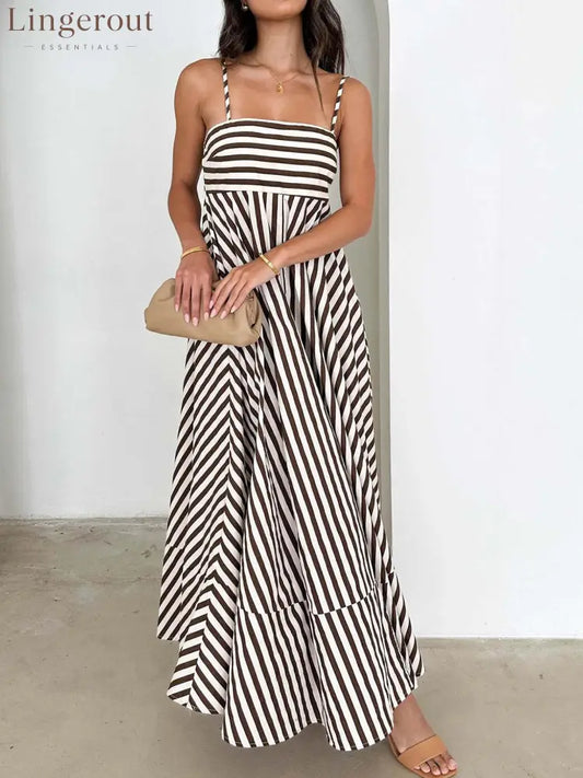 Striped Pleated Cami Long Dress - Light Brown / XS