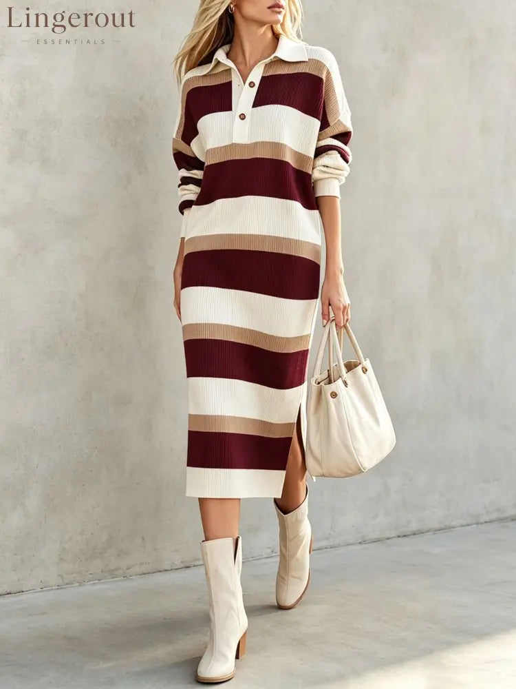 Striped Polo Collar Knit Midi Dress