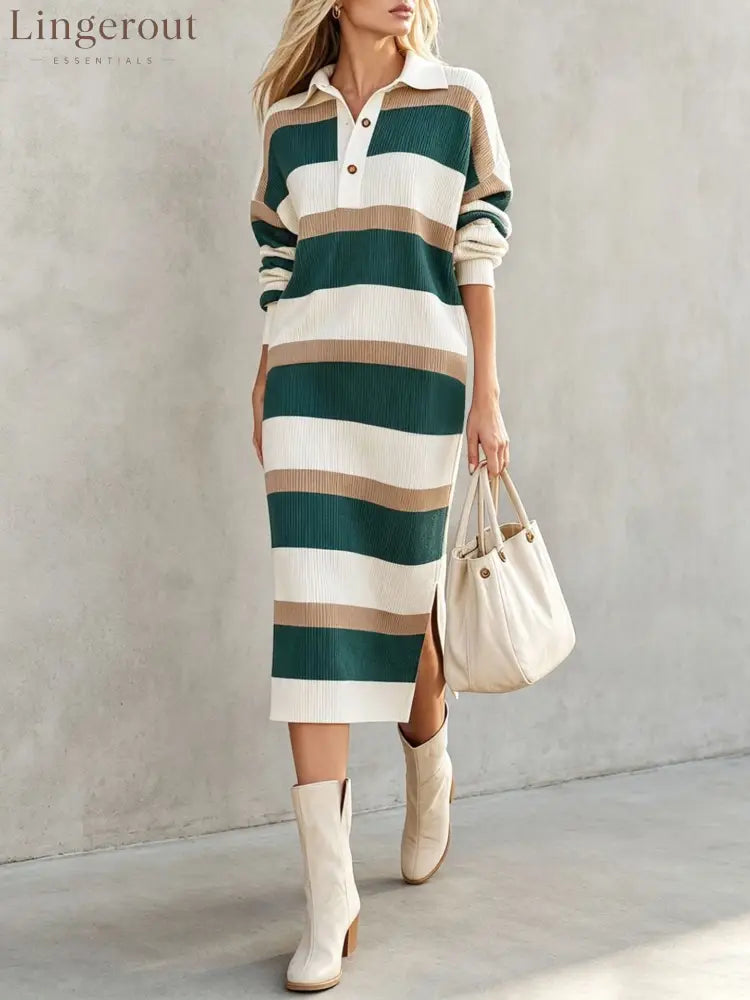 Striped Polo Collar Knit Midi Dress