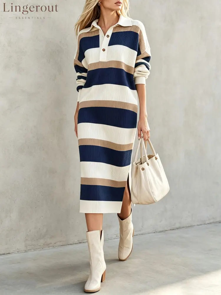 Striped Polo Collar Knit Midi Dress