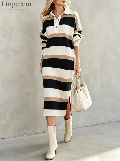 Striped Polo Collar Knit Midi Dress