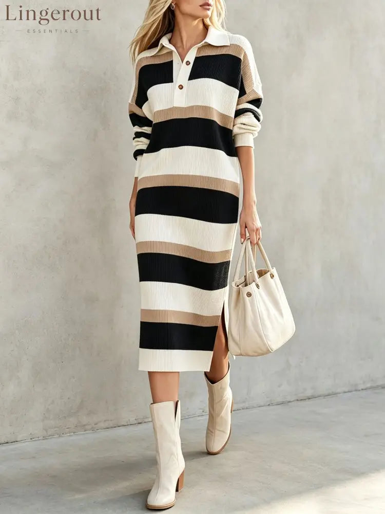 Striped Polo Collar Knit Midi Dress - Black / S