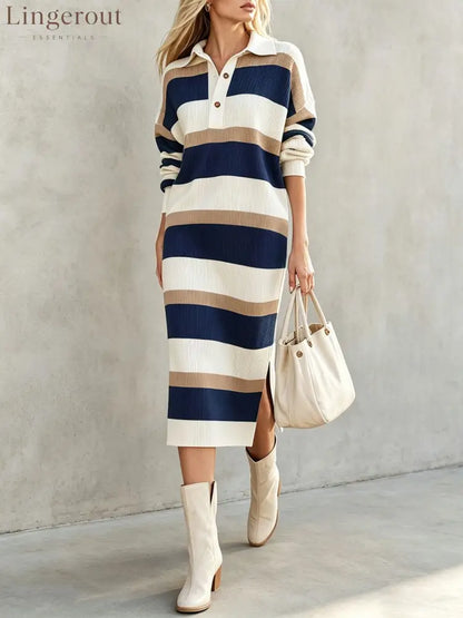 Striped Polo Collar Knit Midi Dress - Navy / S