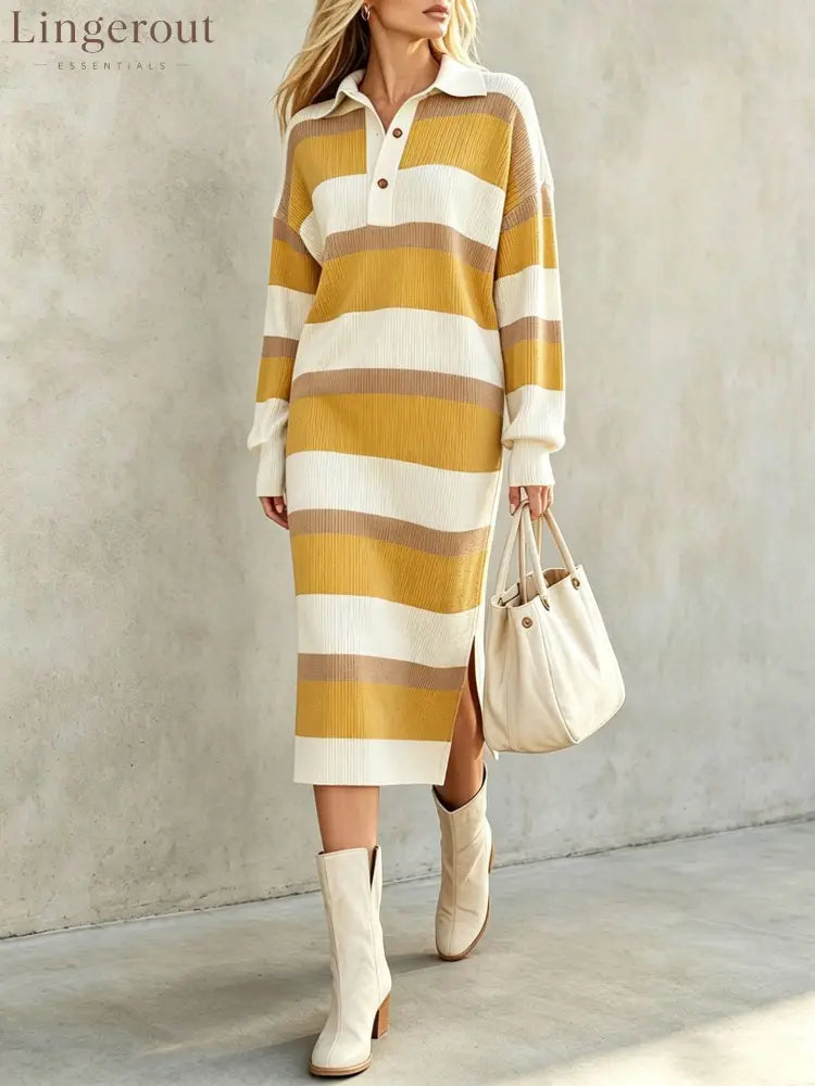 Striped Polo Collar Knit Midi Dress - Yellow / S