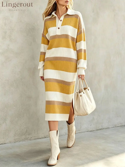 Striped Polo Collar Knit Midi Dress - Yellow / S