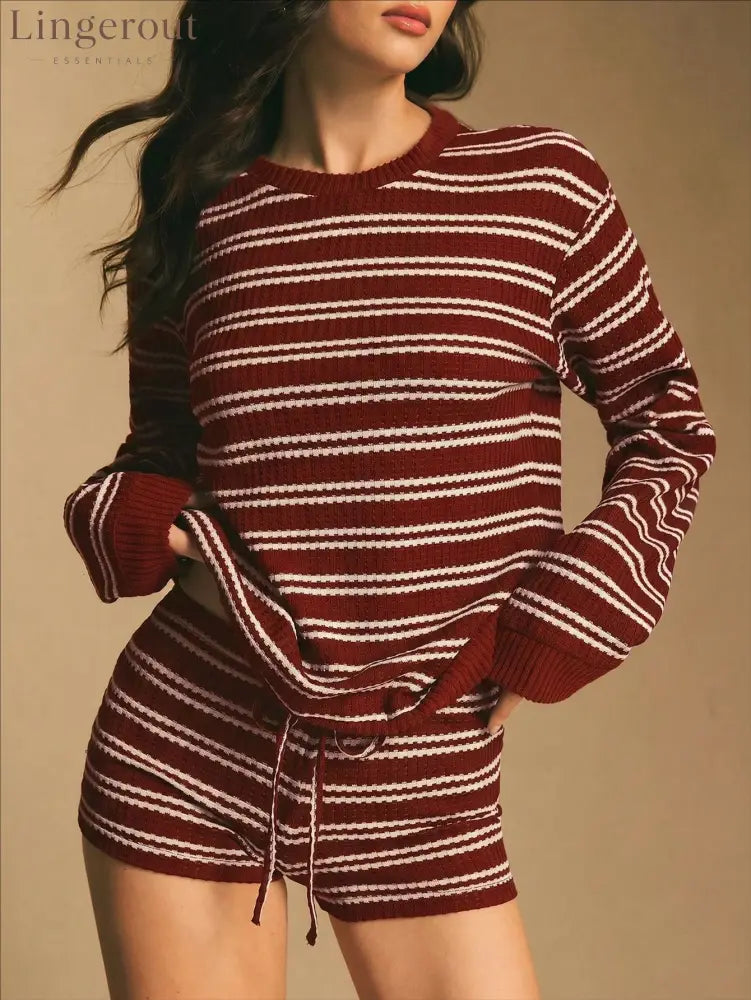 Striped Ribbed Knit Sweater & Shorts Set - Red / S
