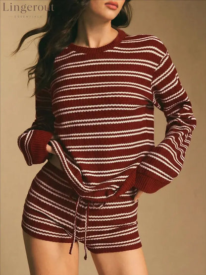 Striped Ribbed Knit Sweater & Shorts Set - Red / S