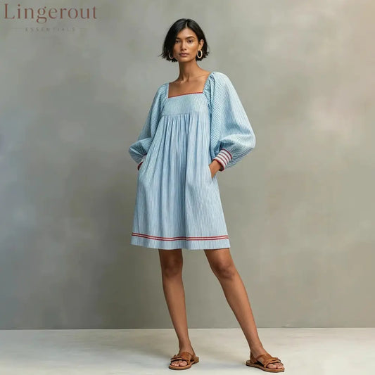 Striped Square Neck Balloon Sleeve Mini Dress