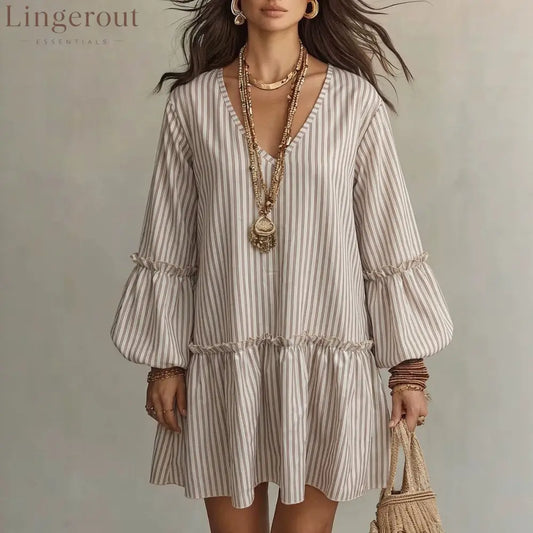 Striped V-Neck Ruffle Hem Mini Dress