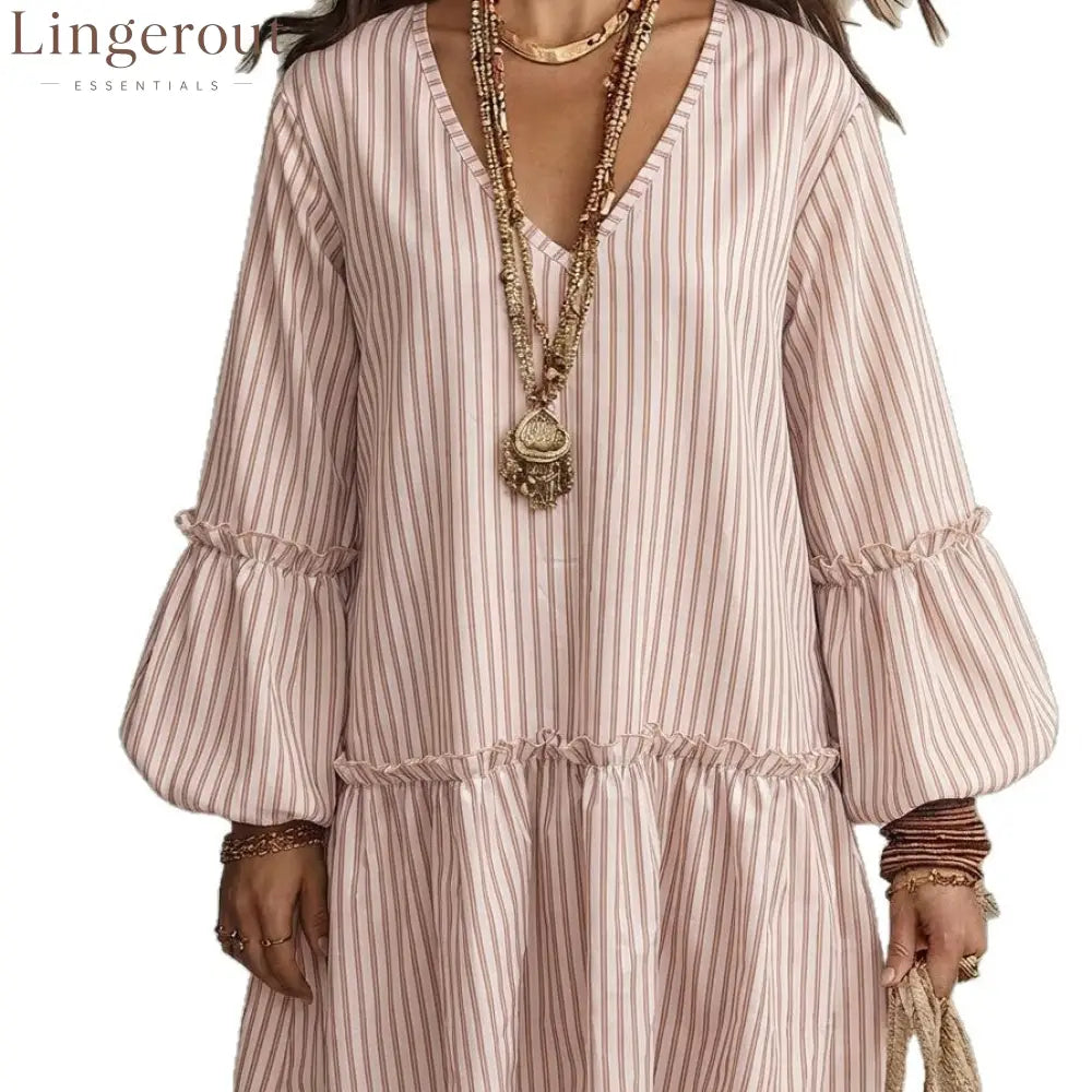 Striped V-Neck Ruffle Hem Mini Dress