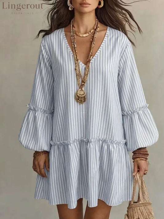 Striped V-Neck Ruffle Hem Mini Dress - Light blue / S