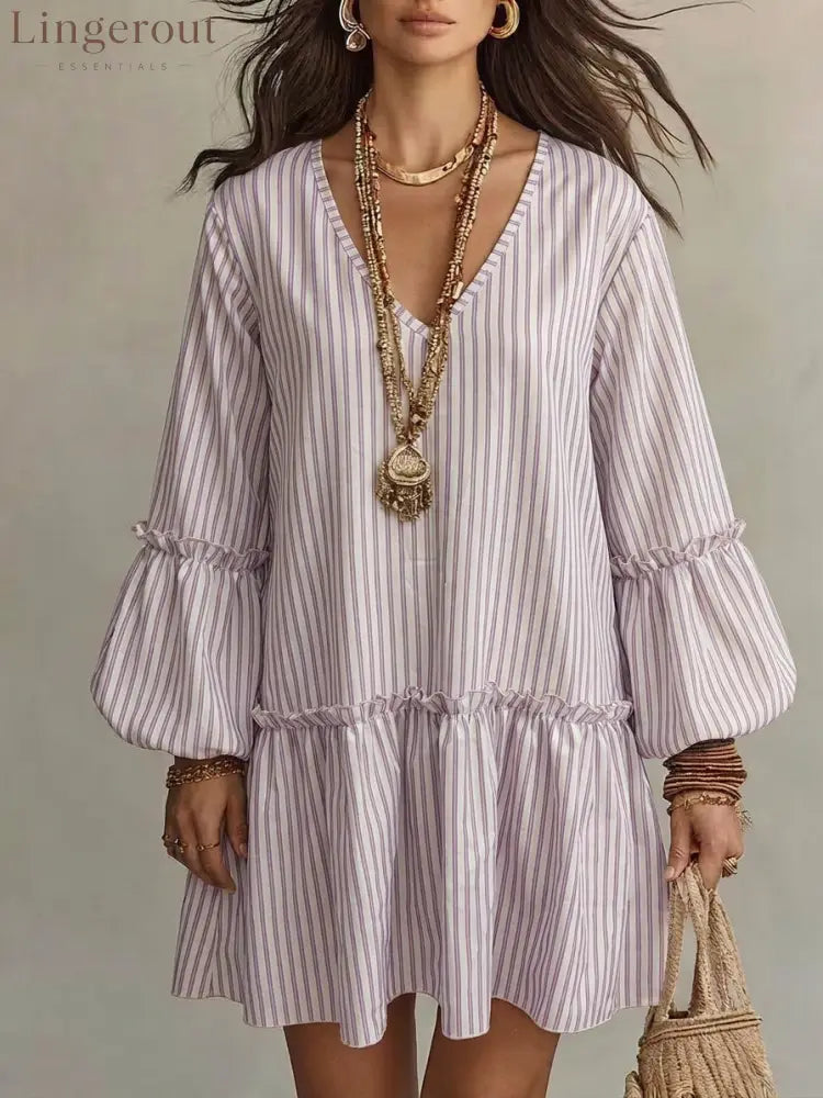 Striped V-Neck Ruffle Hem Mini Dress - Light purple / S
