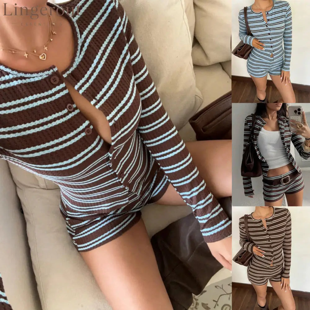 Striped Waffle Knit Button Top & Shorts Set
