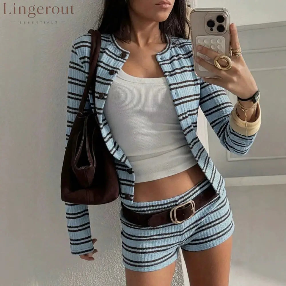 Striped Waffle Knit Button Top & Shorts Set