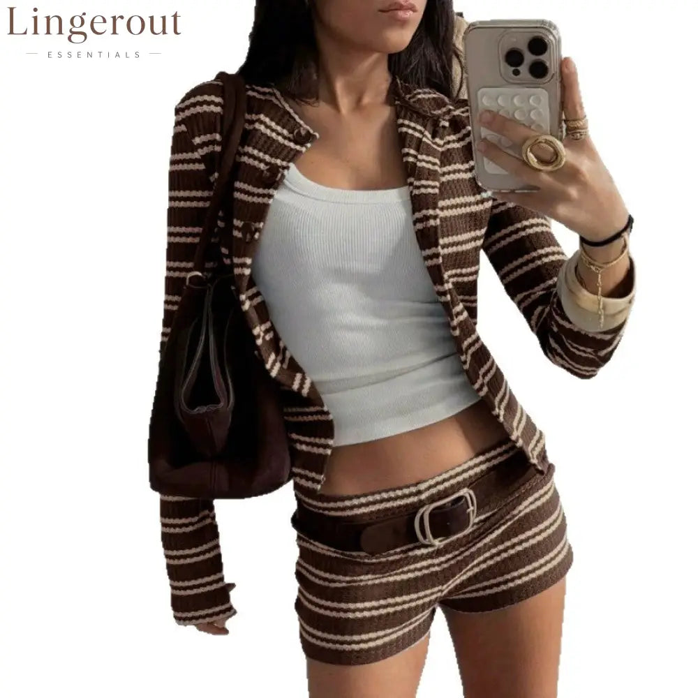 Striped Waffle Knit Button Top & Shorts Set