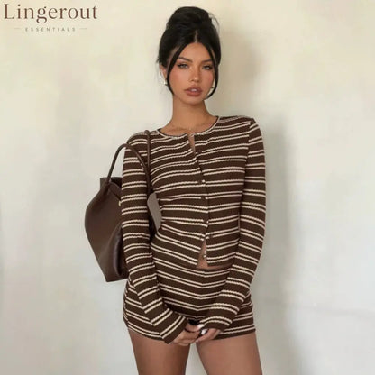 Striped Waffle Knit Button Top & Shorts Set