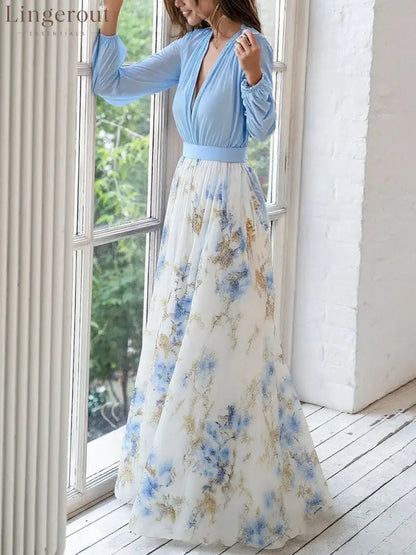 Stunning Floral Print V-Neck Maxi Dress