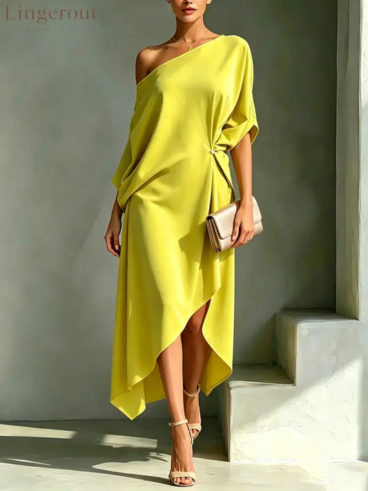 Stylish And Elegant Asymmetrical-hem Dress - Lemon / S