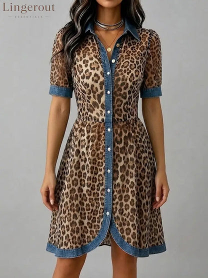 Stylish Casual Leopard-print Chiffon And Denim Patchwork Dress - Brown / S