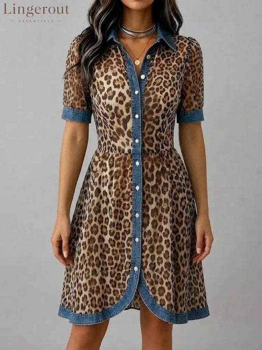 Stylish Casual Leopard-print Chiffon And Denim Patchwork Dress - Brown / S