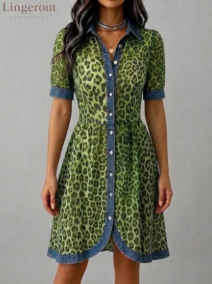 Stylish Casual Leopard-print Chiffon And Denim Patchwork Dress - Green / S