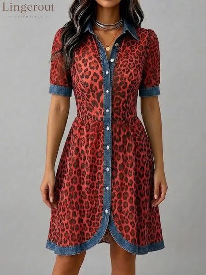 Stylish Casual Leopard-print Chiffon And Denim Patchwork Dress - Red / S