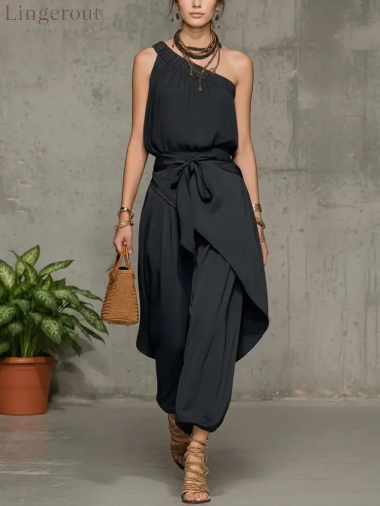 Stylish Casual Linen And Cotton One-shoulder Sleeveless Jumpsuit - Black / S