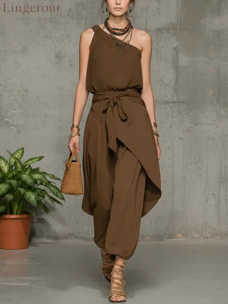 Stylish Casual Linen And Cotton One-shoulder Sleeveless Jumpsuit - Brown / S