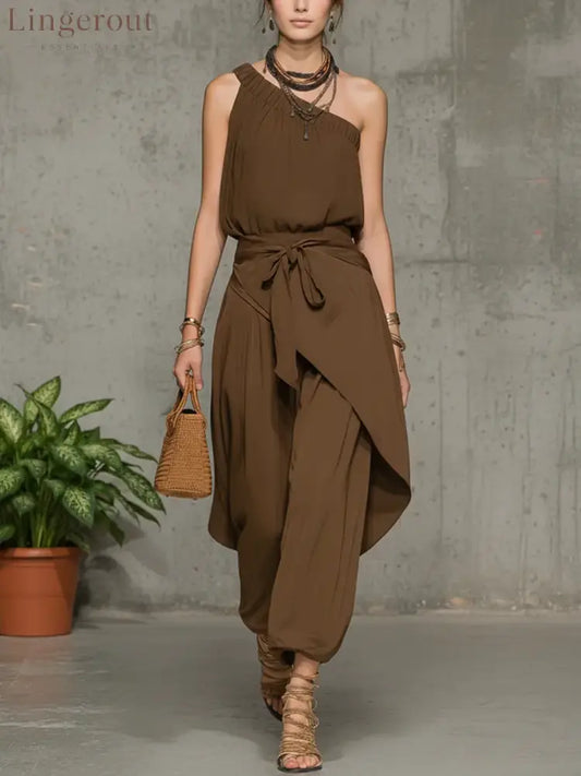 Stylish Casual Linen And Cotton One-shoulder Sleeveless Jumpsuit - Brown / S