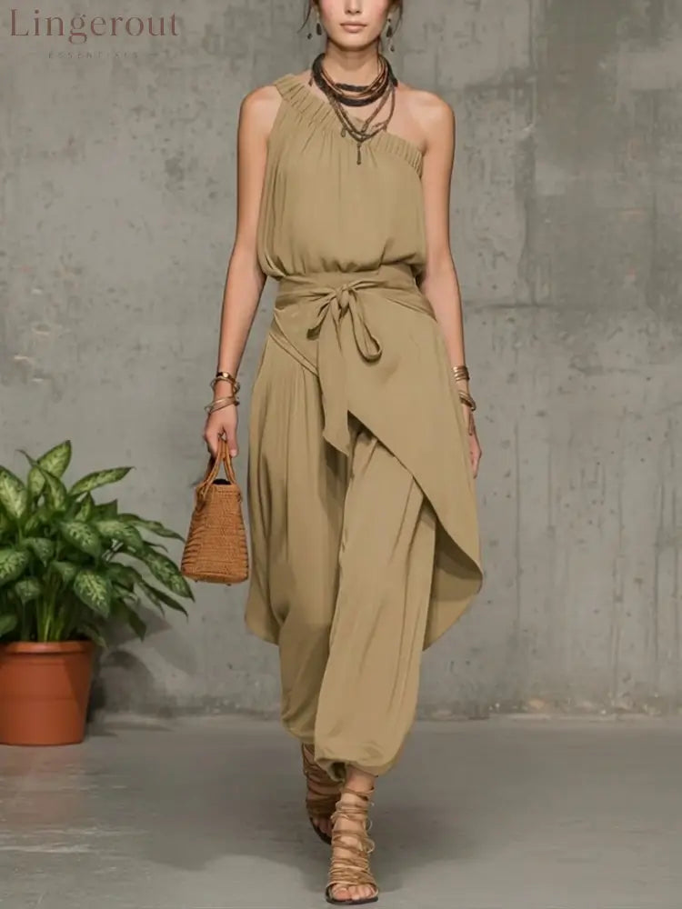 Stylish Casual Linen And Cotton One-shoulder Sleeveless Jumpsuit - Khaki / S