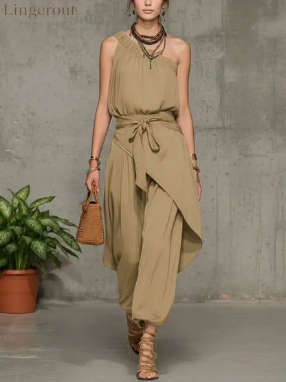 Stylish Casual Linen And Cotton One-shoulder Sleeveless Jumpsuit - Khaki / S