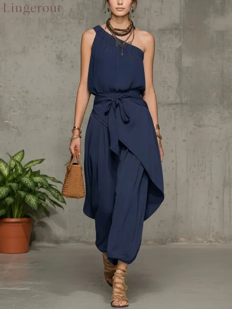 Stylish Casual Linen And Cotton One-shoulder Sleeveless Jumpsuit - Navy / S