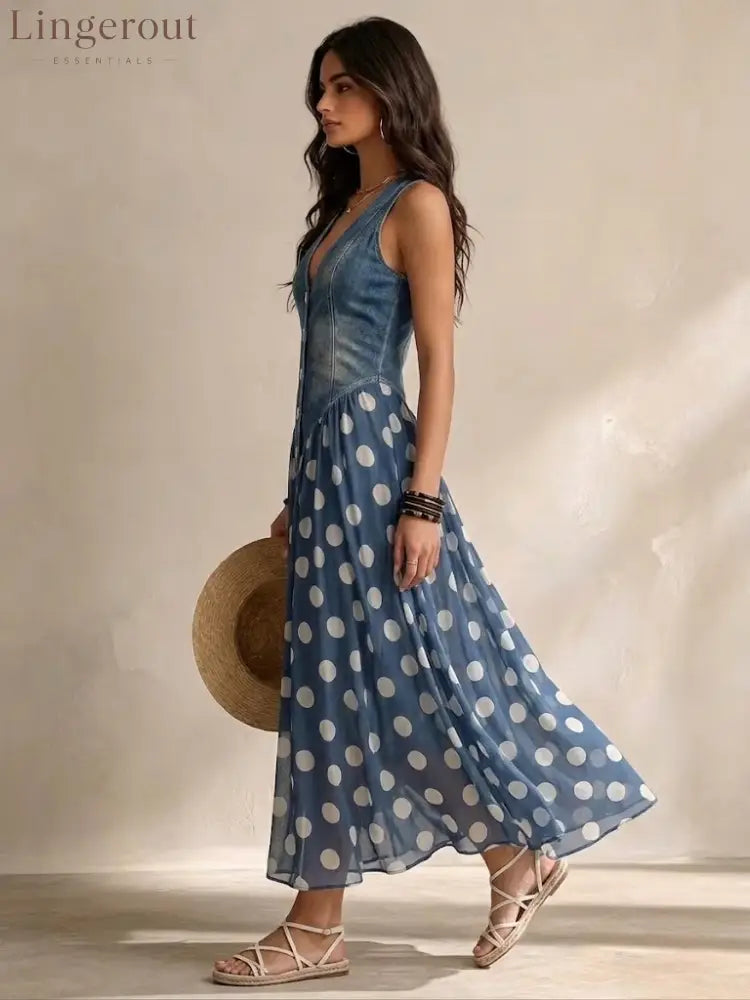 Stylish Casual Sleeveless Denim Dress With Polka-dot Chiffon Paneling