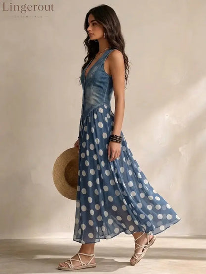 Stylish Casual Sleeveless Denim Dress With Polka-dot Chiffon Paneling