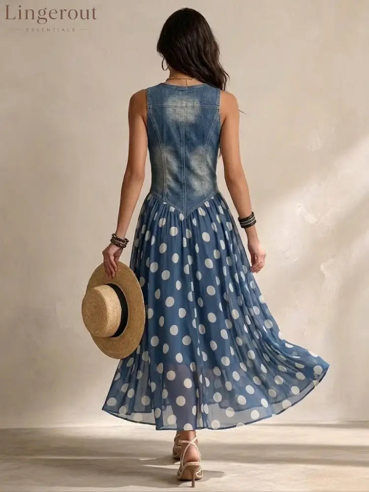 Stylish Casual Sleeveless Denim Dress With Polka-dot Chiffon Paneling