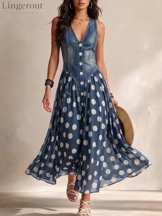 Stylish Casual Sleeveless Denim Dress With Polka-dot Chiffon Paneling - Blue / S