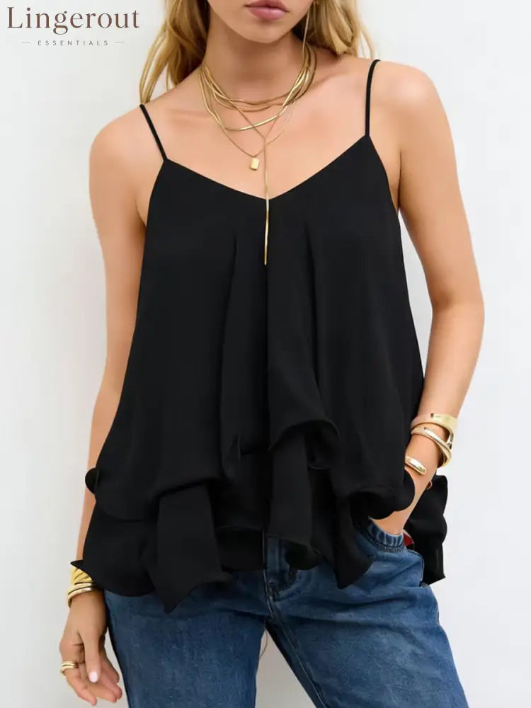 Stylish Chiffon Camisole Top - Black / XS