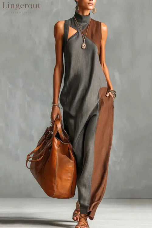 Stylish Color-blocked High-neck Sleeveless Casual Pocket Maxi Dress - Ash / S