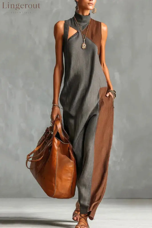 Stylish Color-blocked High-neck Sleeveless Casual Pocket Maxi Dress - Ash / S