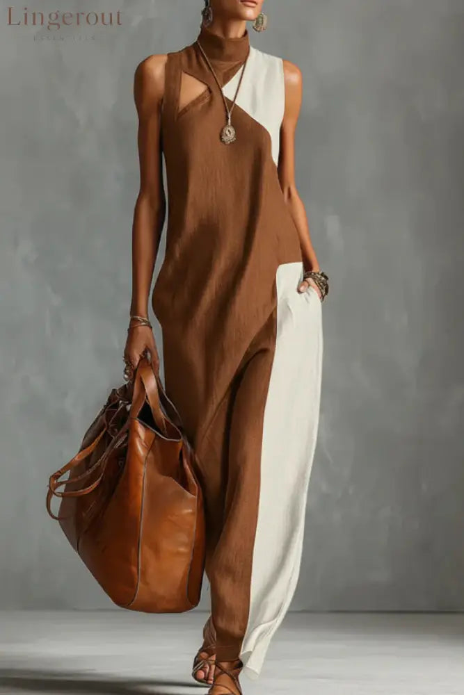 Stylish Color-blocked High-neck Sleeveless Casual Pocket Maxi Dress - Brown / S