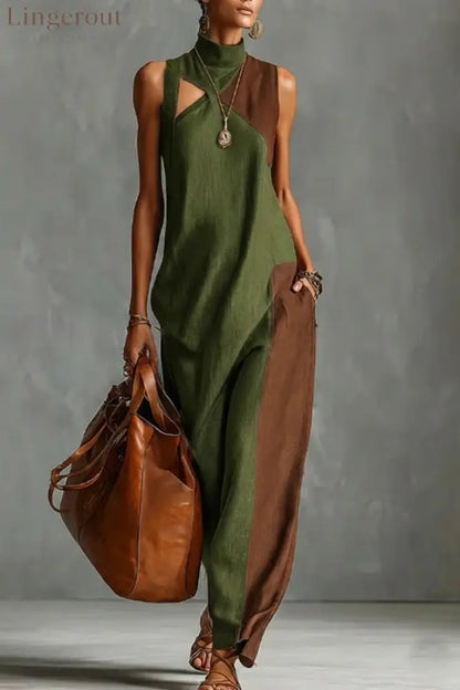 Stylish Color-blocked High-neck Sleeveless Casual Pocket Maxi Dress - Green / S