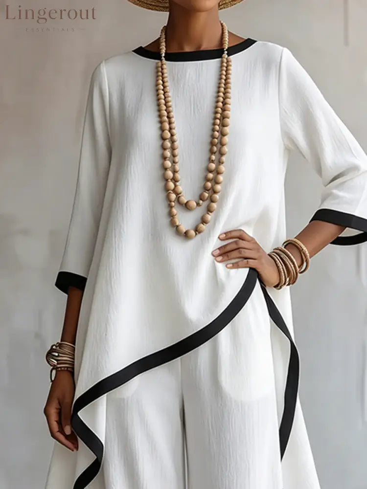 Stylish Cotton-linen Two-piece Set With Elegant Color-contrast Trim