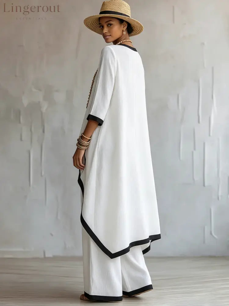 Stylish Cotton-linen Two-piece Set With Elegant Color-contrast Trim