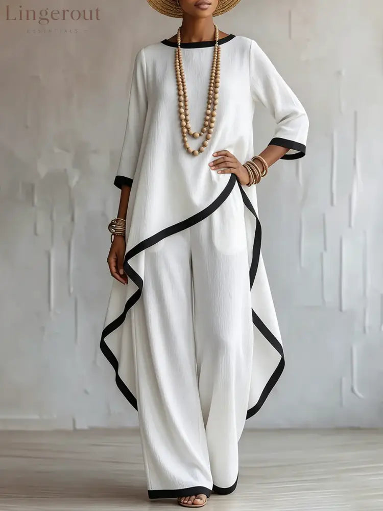 Stylish Cotton-linen Two-piece Set With Elegant Color-contrast Trim