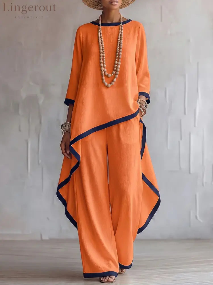 Stylish Cotton-linen Two-piece Set With Elegant Color-contrast Trim - Orange / S