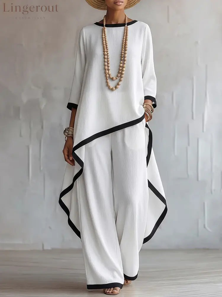 Stylish Cotton-linen Two-piece Set With Elegant Color-contrast Trim - White / S