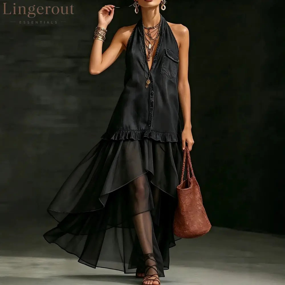 Stylish Elegant Organza-Paneled Denim Maxi Dress - Black / XS